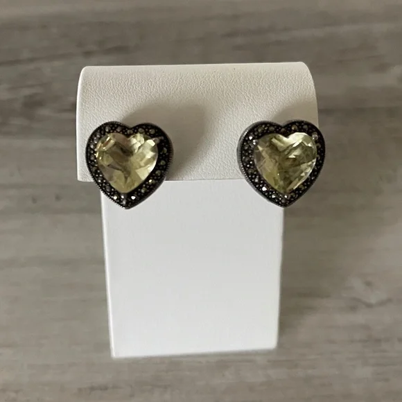 Heart-Shaped Lemon Citrine and Marcasite Sterling Silver Stud Earrings - Picture 3 of 7